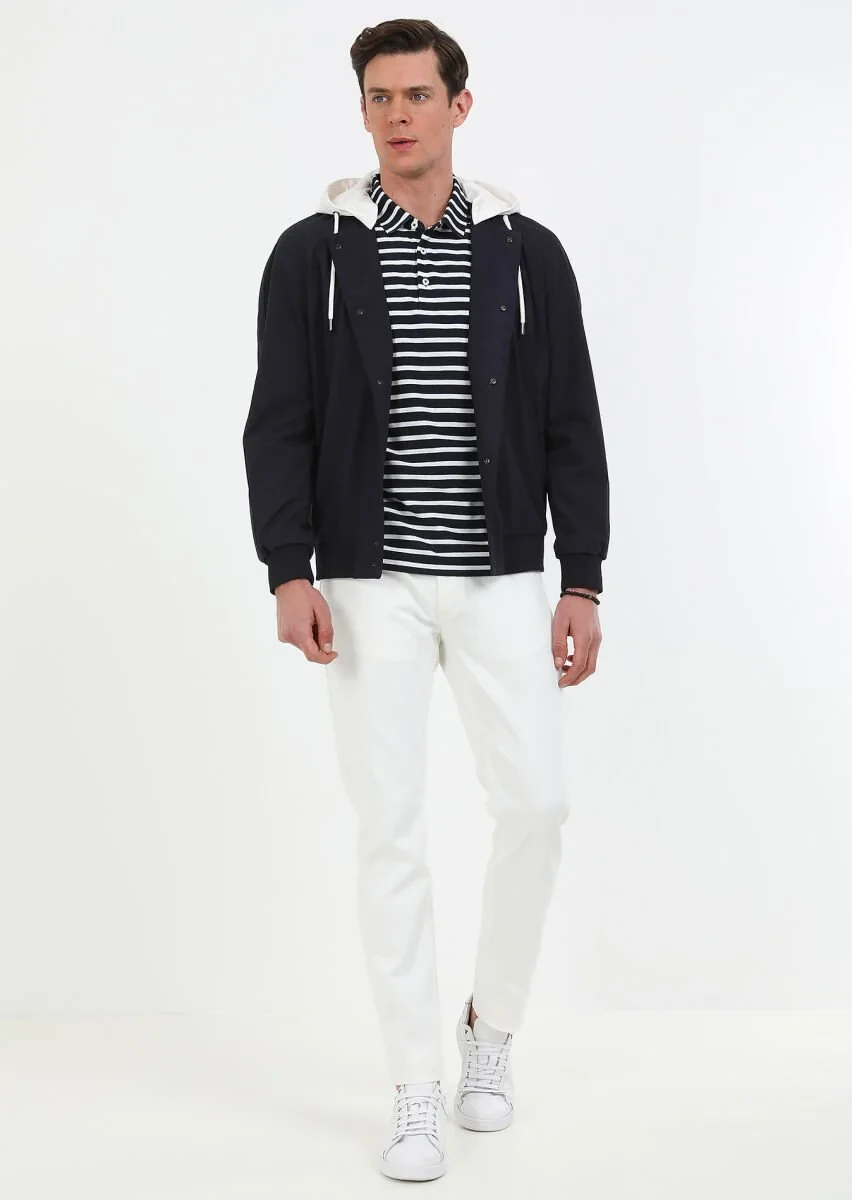 Navy Blue Removable Hood Weaving Coat - 3
