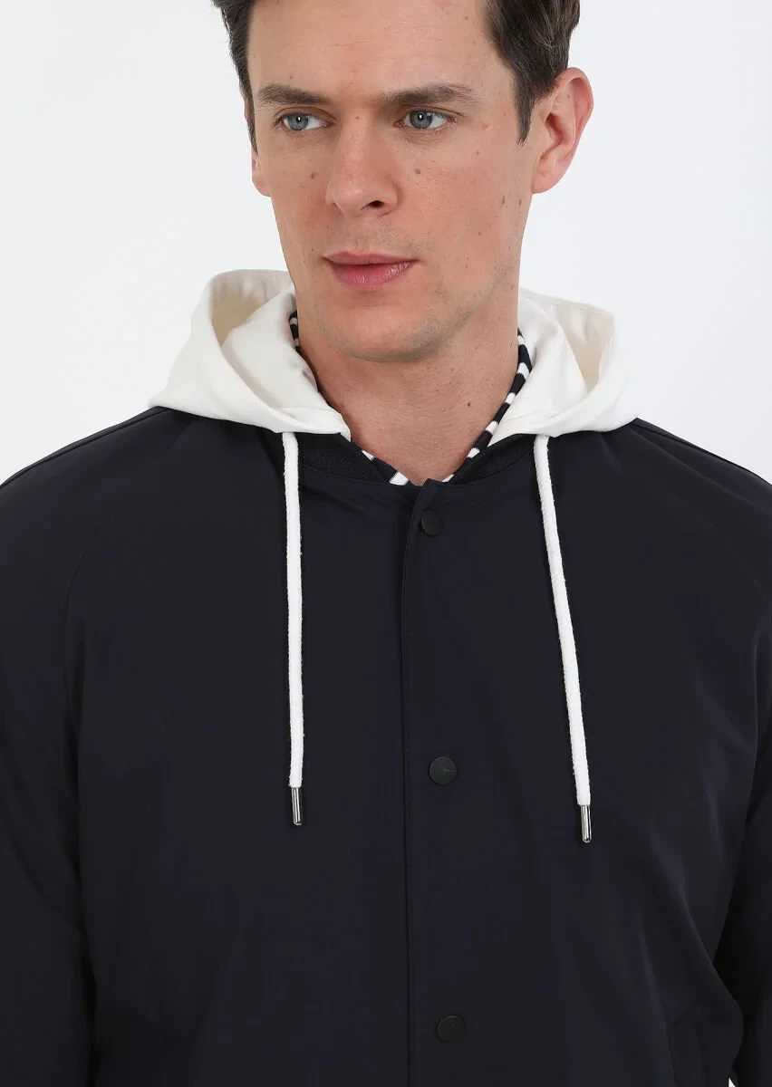 Navy Blue Removable Hood Weaving Coat - 4