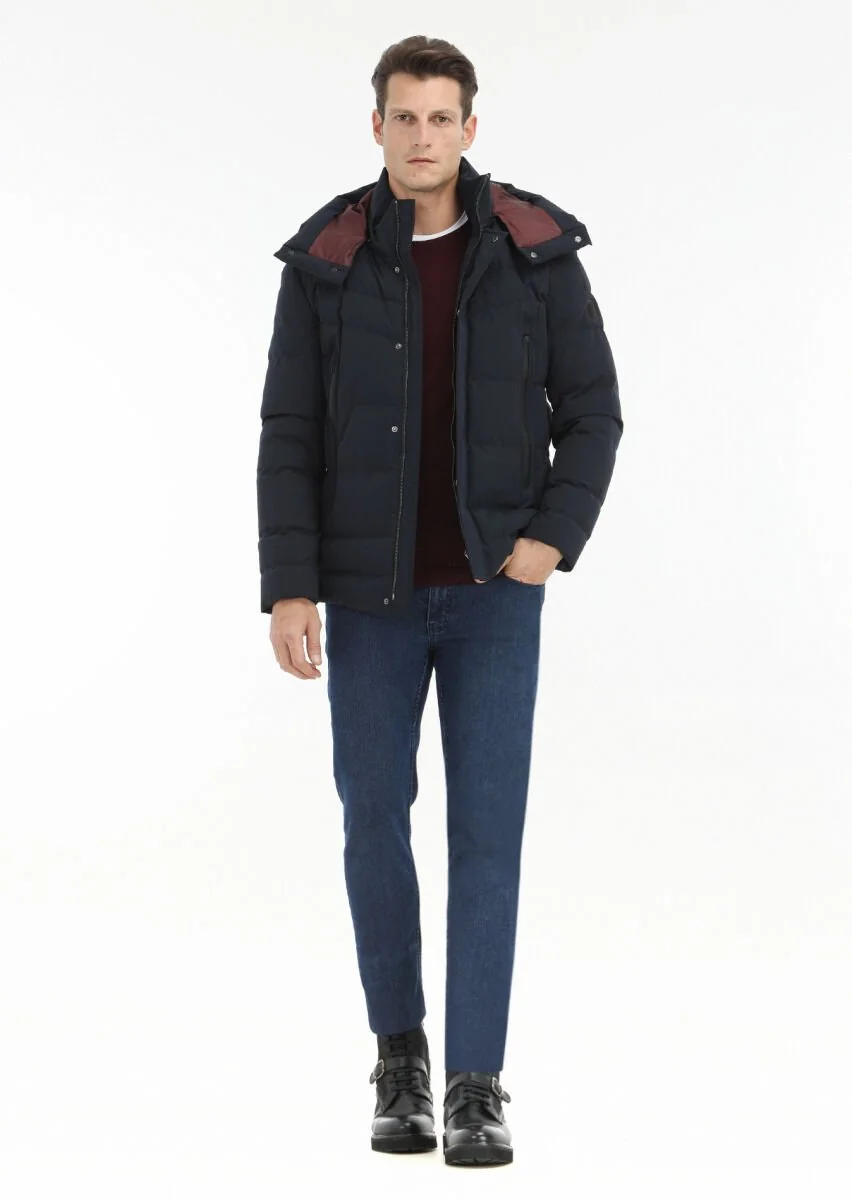 Navy Blue Removable Hood Weaving Coat - 1