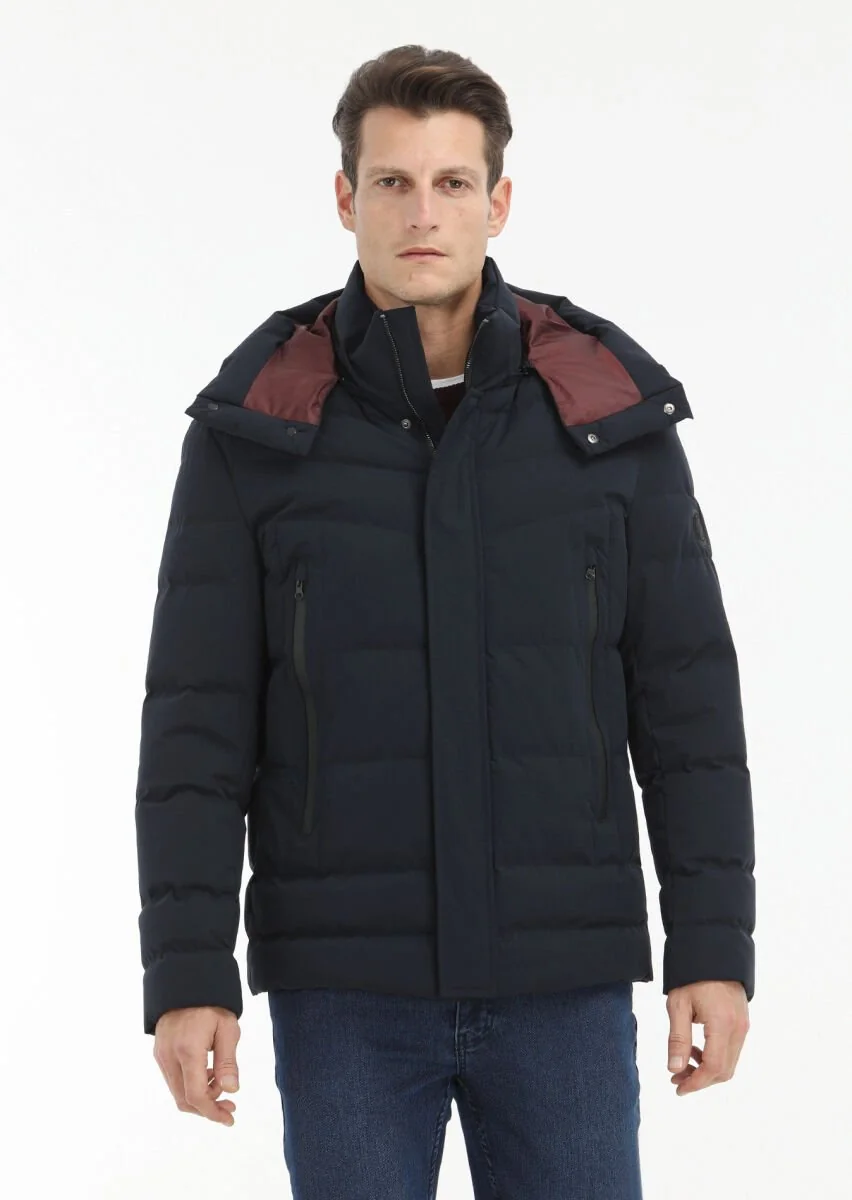Navy Blue Removable Hood Weaving Coat - 2