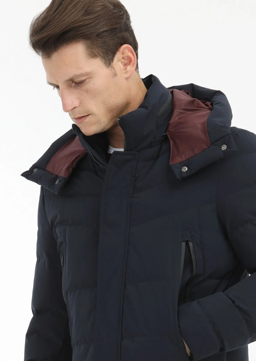 Navy Blue Removable Hood Weaving Coat - 3