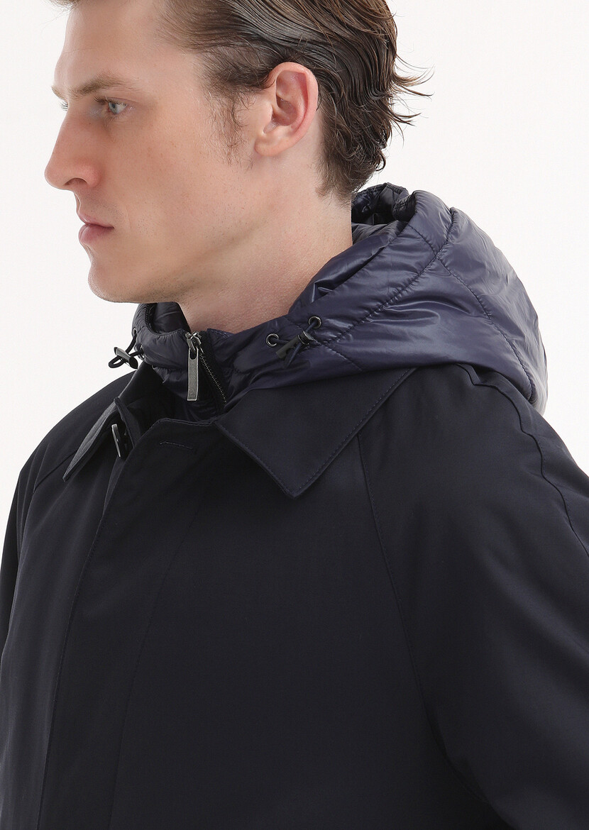 Navy Blue Removable Hood Weaving Rain Coat - 4