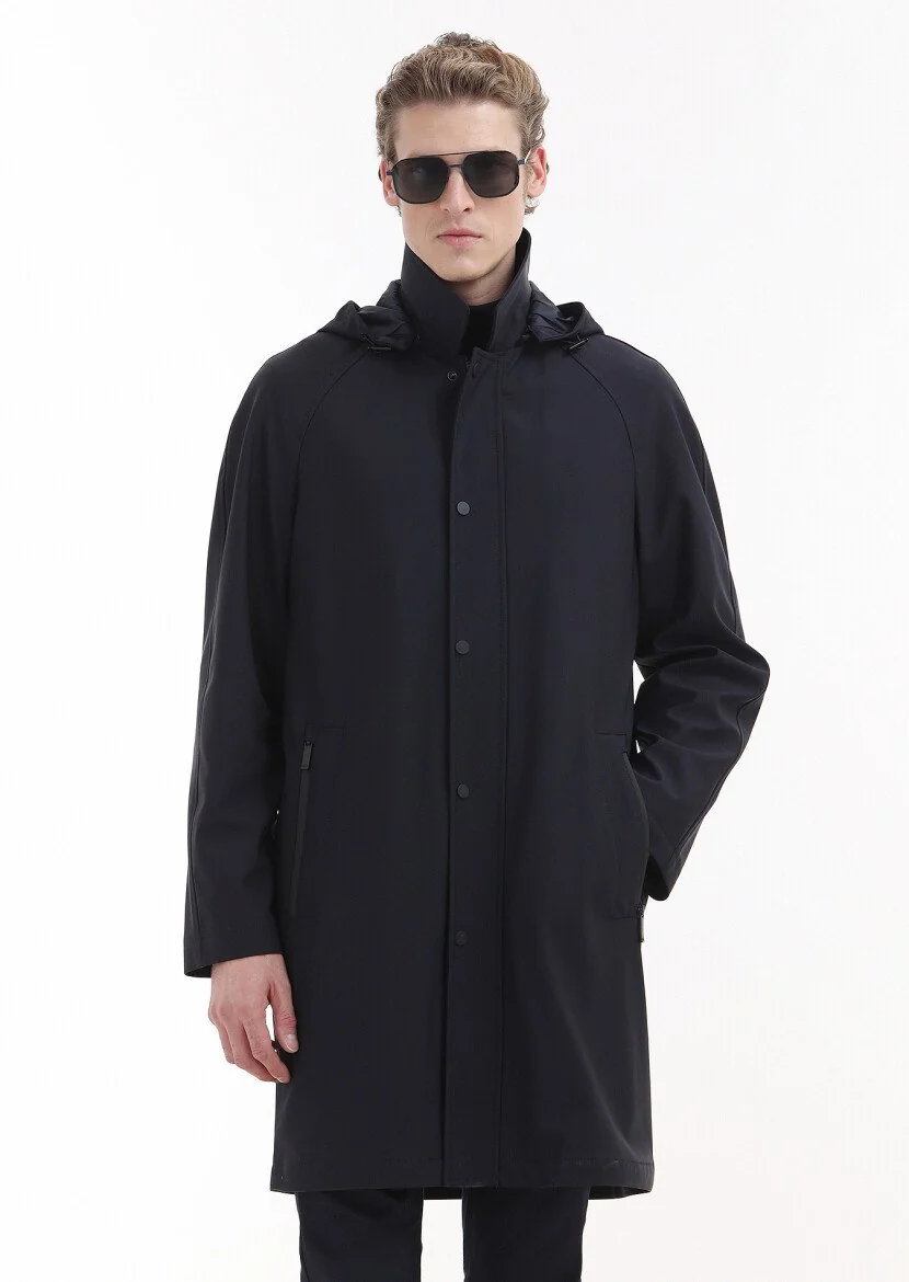 Navy Blue Removable Hood Weaving Rain Coat - 1