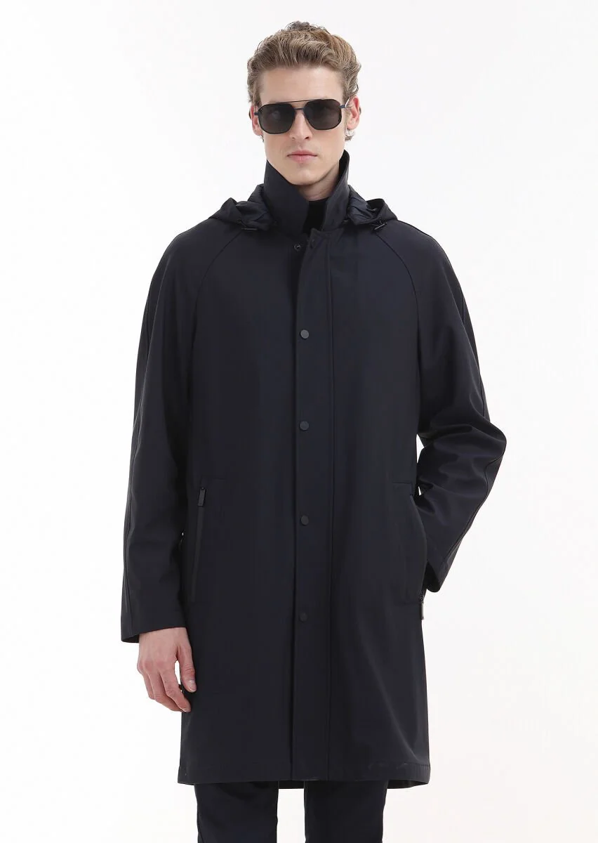 Navy Blue Removable Hood Weaving Rain Coat - 1