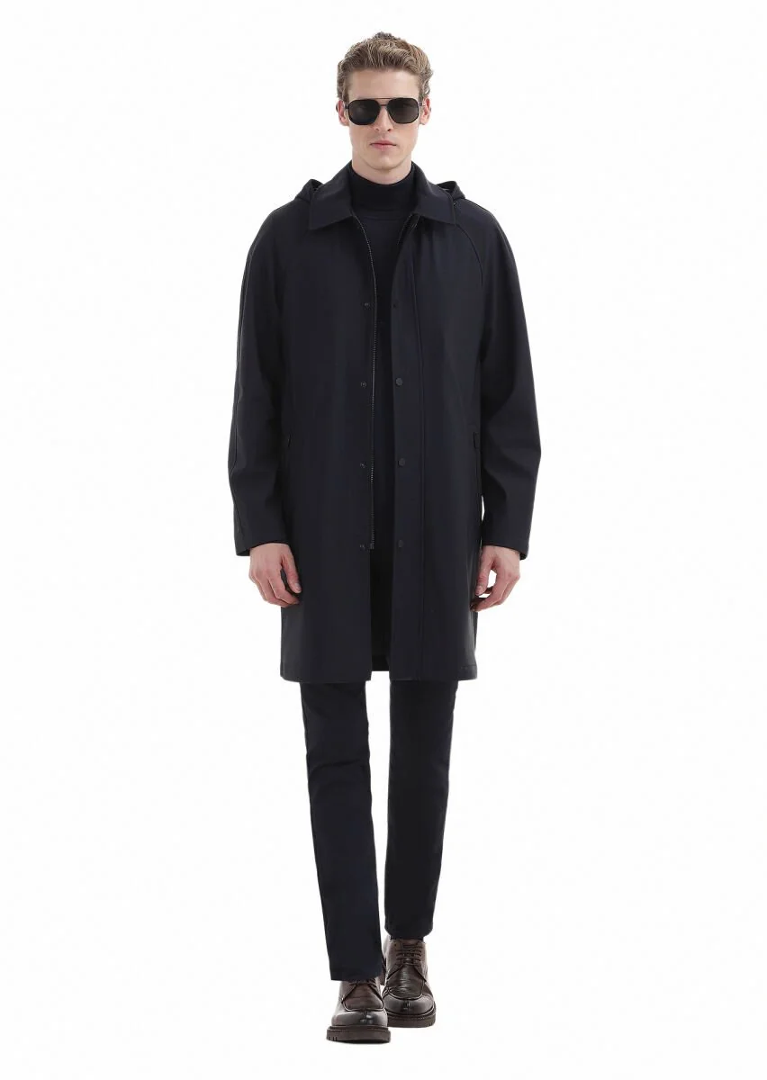 Navy Blue Removable Hood Weaving Rain Coat - 2