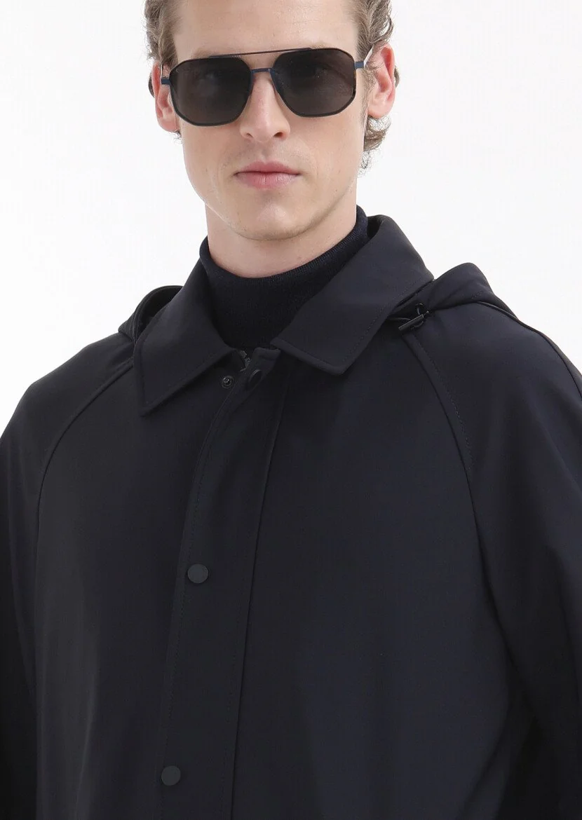 Navy Blue Removable Hood Weaving Rain Coat - 3