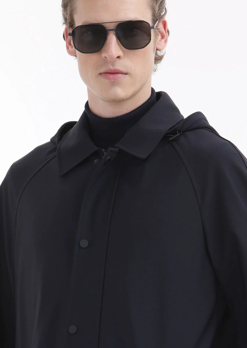 Navy Blue Removable Hood Weaving Rain Coat - 3