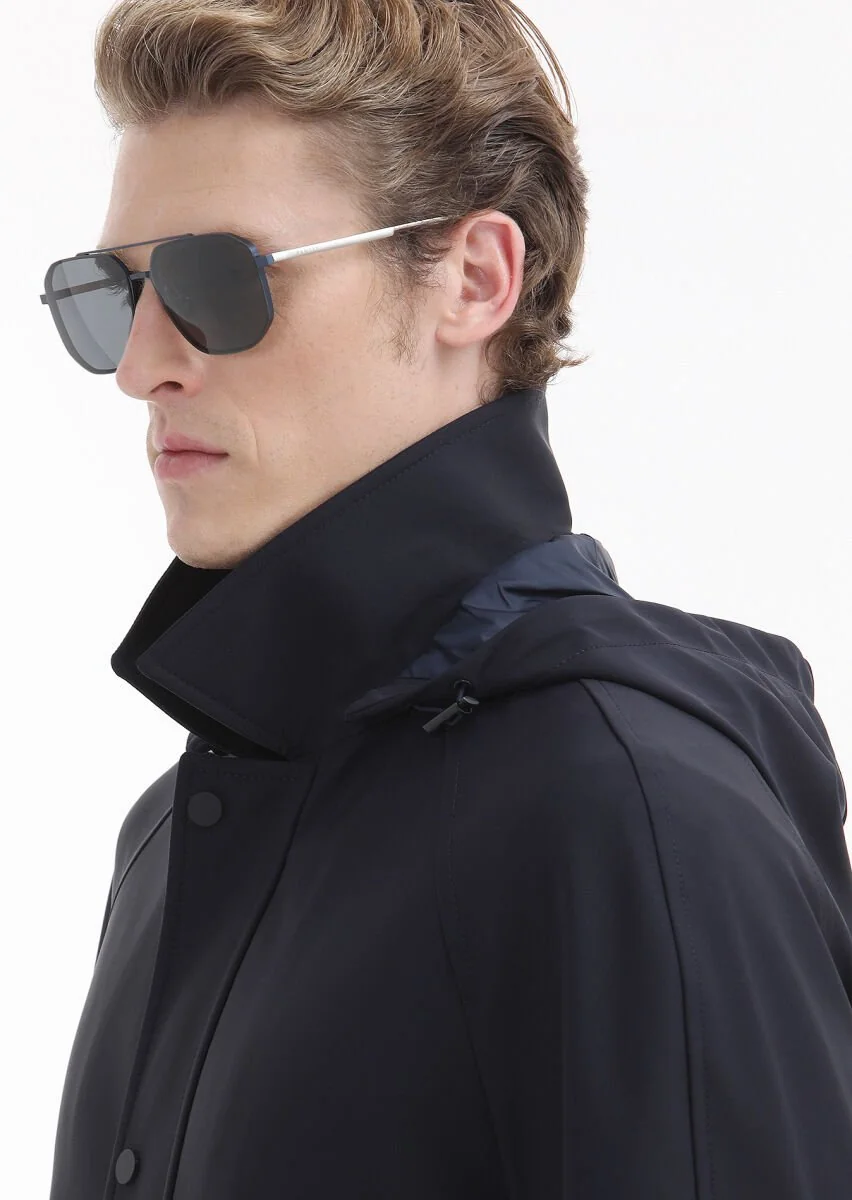 Navy Blue Removable Hood Weaving Rain Coat - 4