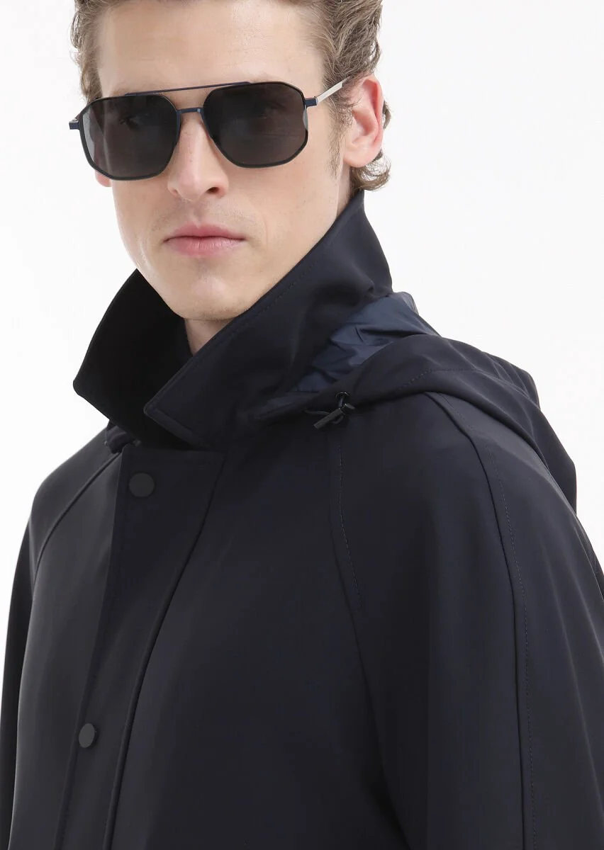 Navy Blue Removable Hood Weaving Rain Coat - 5