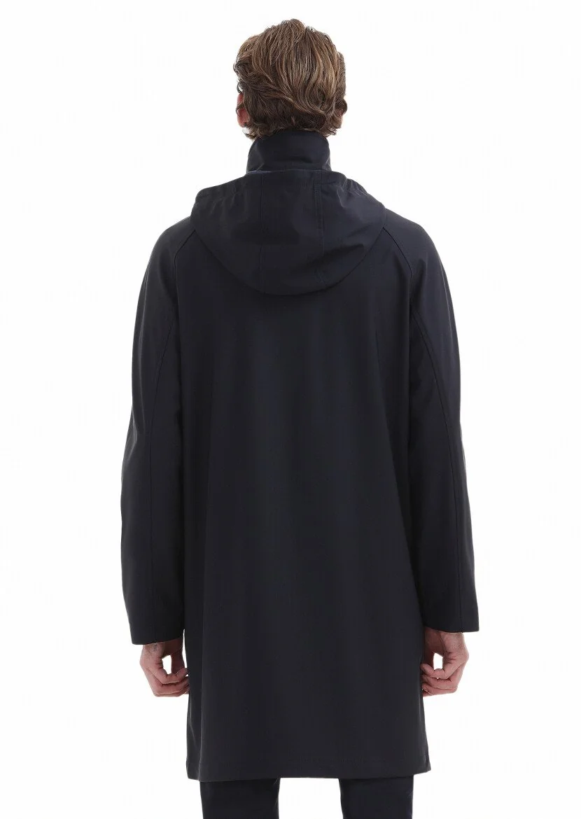 Navy Blue Removable Hood Weaving Rain Coat - 6