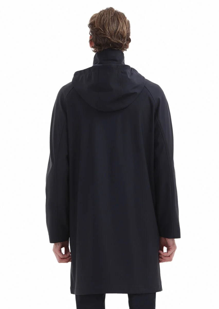 Navy Blue Removable Hood Weaving Rain Coat - 6