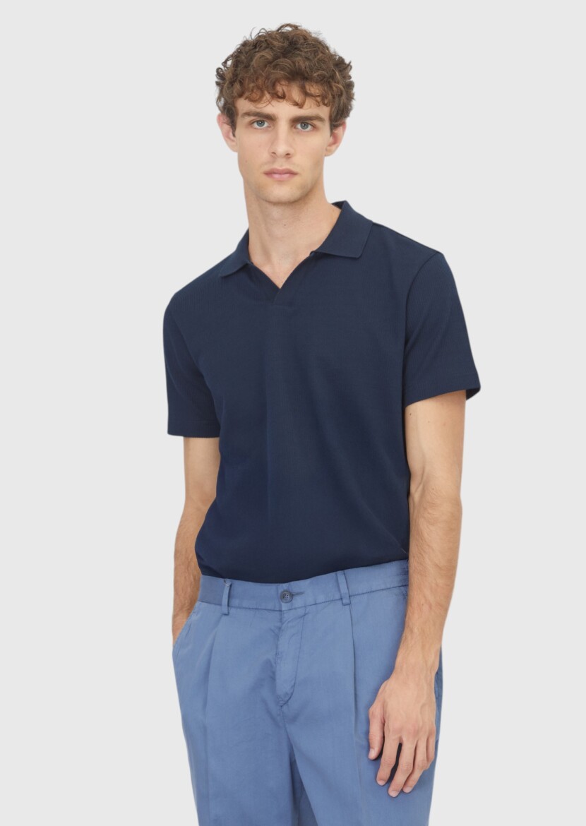 Navy Blue Ribbed 100% Cotton T-Shirt - RAMSEY