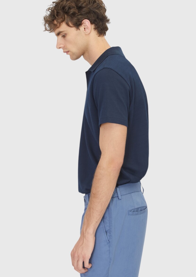 Navy Blue Ribbed 100% Cotton T-Shirt - 3