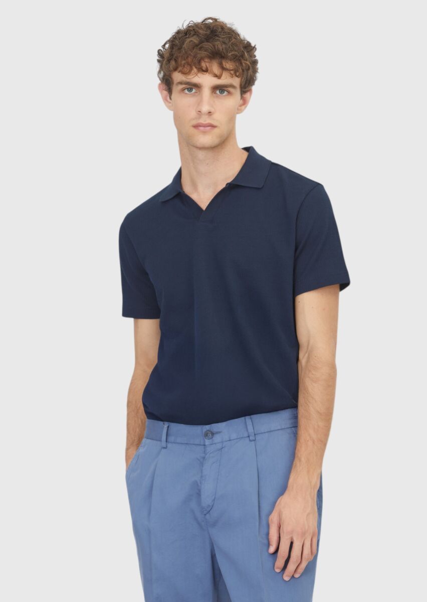 Navy Blue Ribbed 100% Cotton T-Shirt - 1