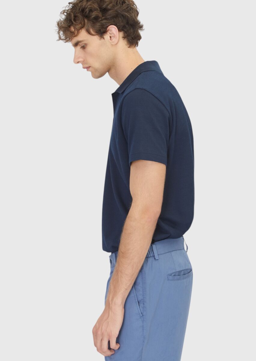 Navy Blue Ribbed 100% Cotton T-Shirt - 3