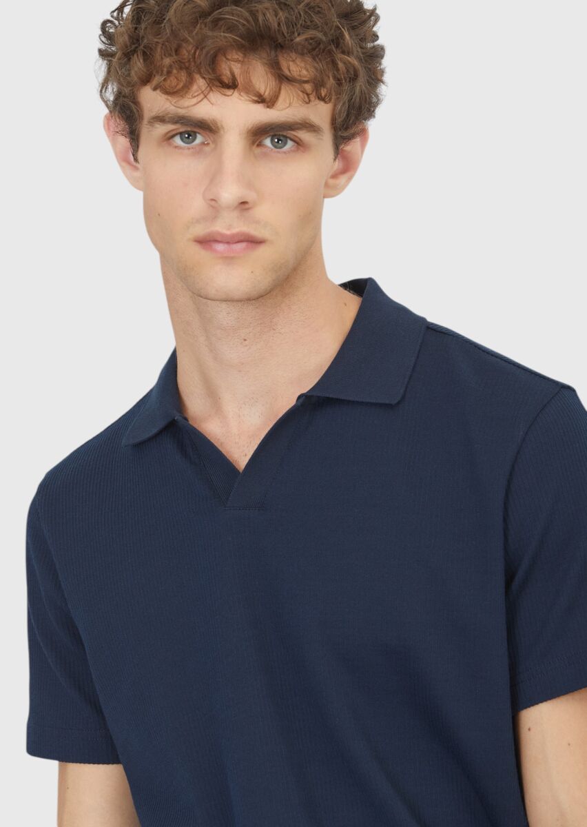 Navy Blue Ribbed 100% Cotton T-Shirt - 4