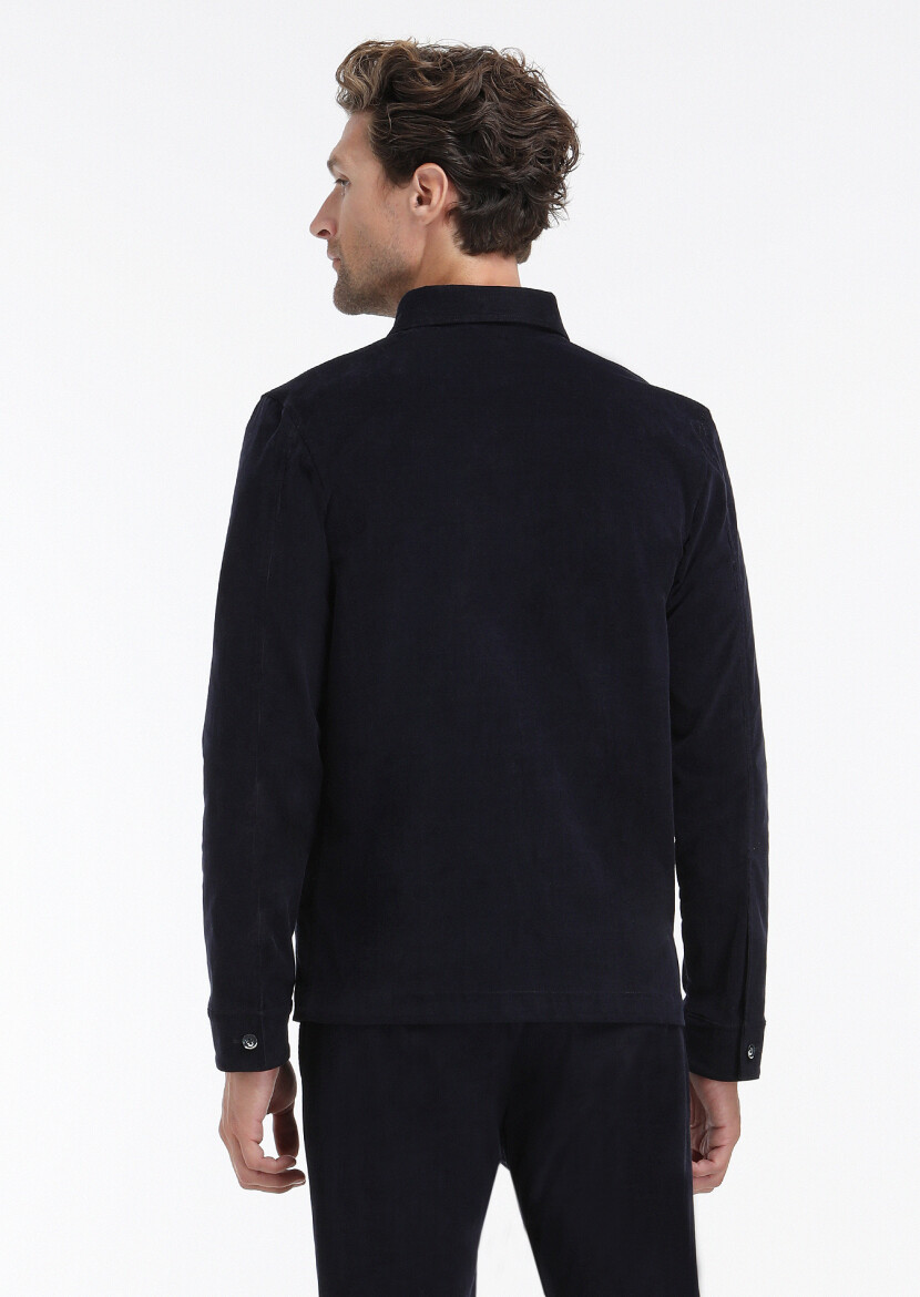 Navy Blue Ribbed Comfort Fit Cotton Blended Suit - 4
