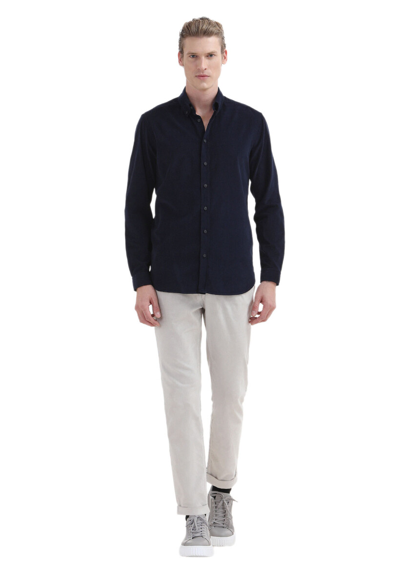 Navy Blue Ribbed Regular Fit Long Weaving Casual 100% Cotton Shirt 