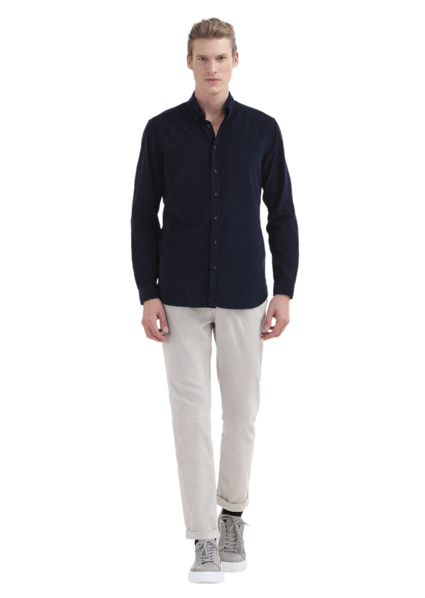 Navy Blue Ribbed Regular Fit Long Weaving Casual 100% Cotton Shirt - 2