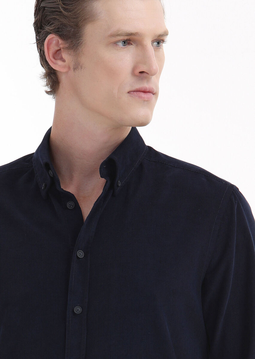 Navy Blue Ribbed Regular Fit Long Weaving Casual 100% Cotton Shirt - 4