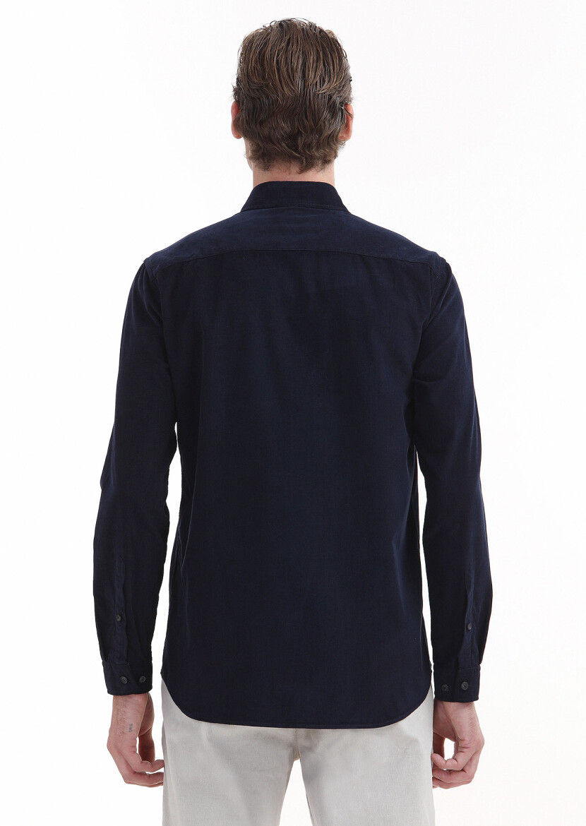 Navy Blue Ribbed Regular Fit Long Weaving Casual 100% Cotton Shirt - 5