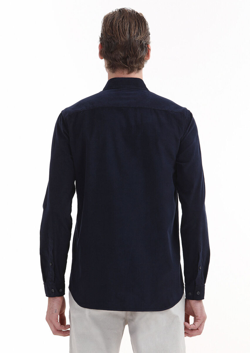 Navy Blue Ribbed Regular Fit Long Weaving Casual 100% Cotton Shirt - 5