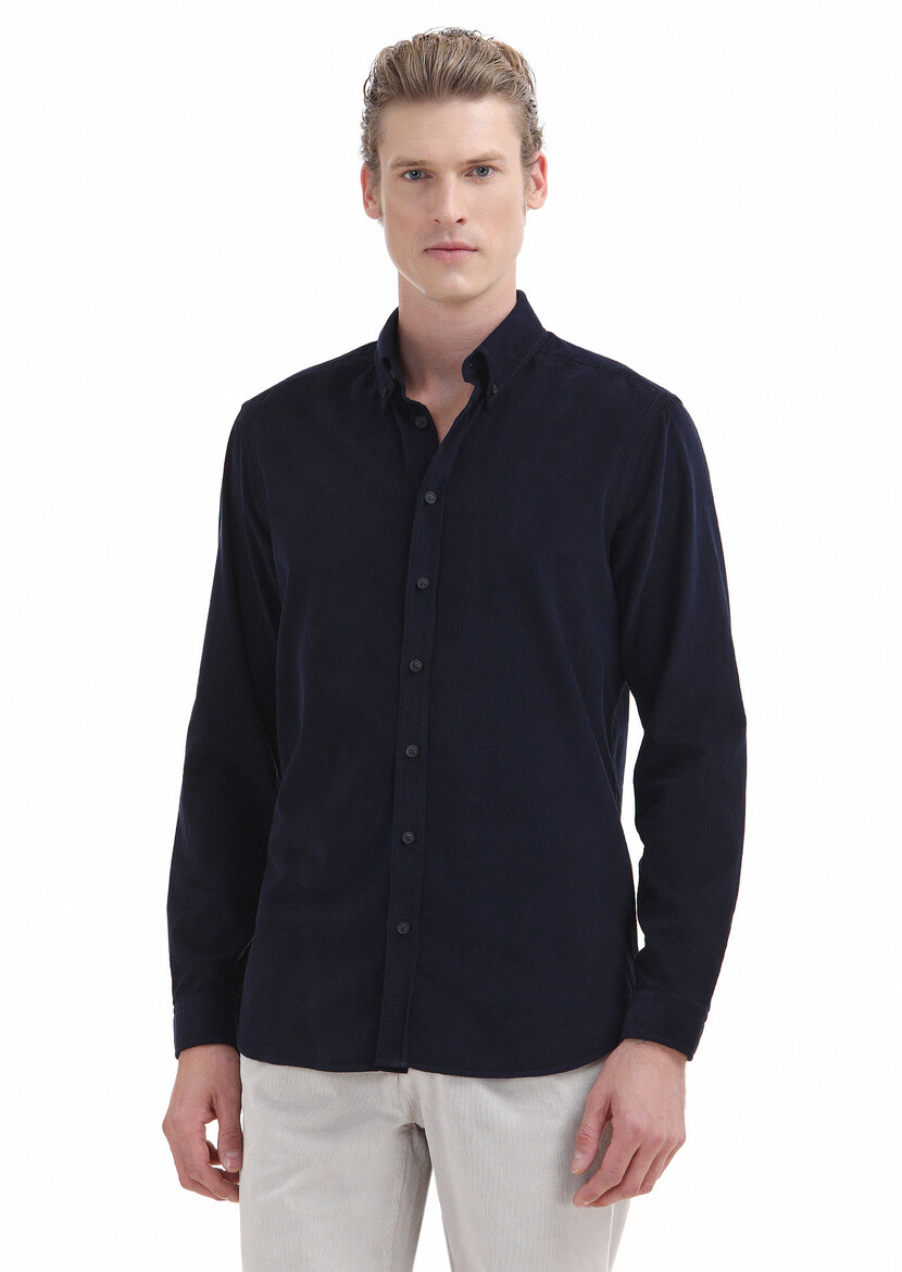 Navy Blue Ribbed Regular Fit Weaving Casual 100% Cotton Shirt - 1