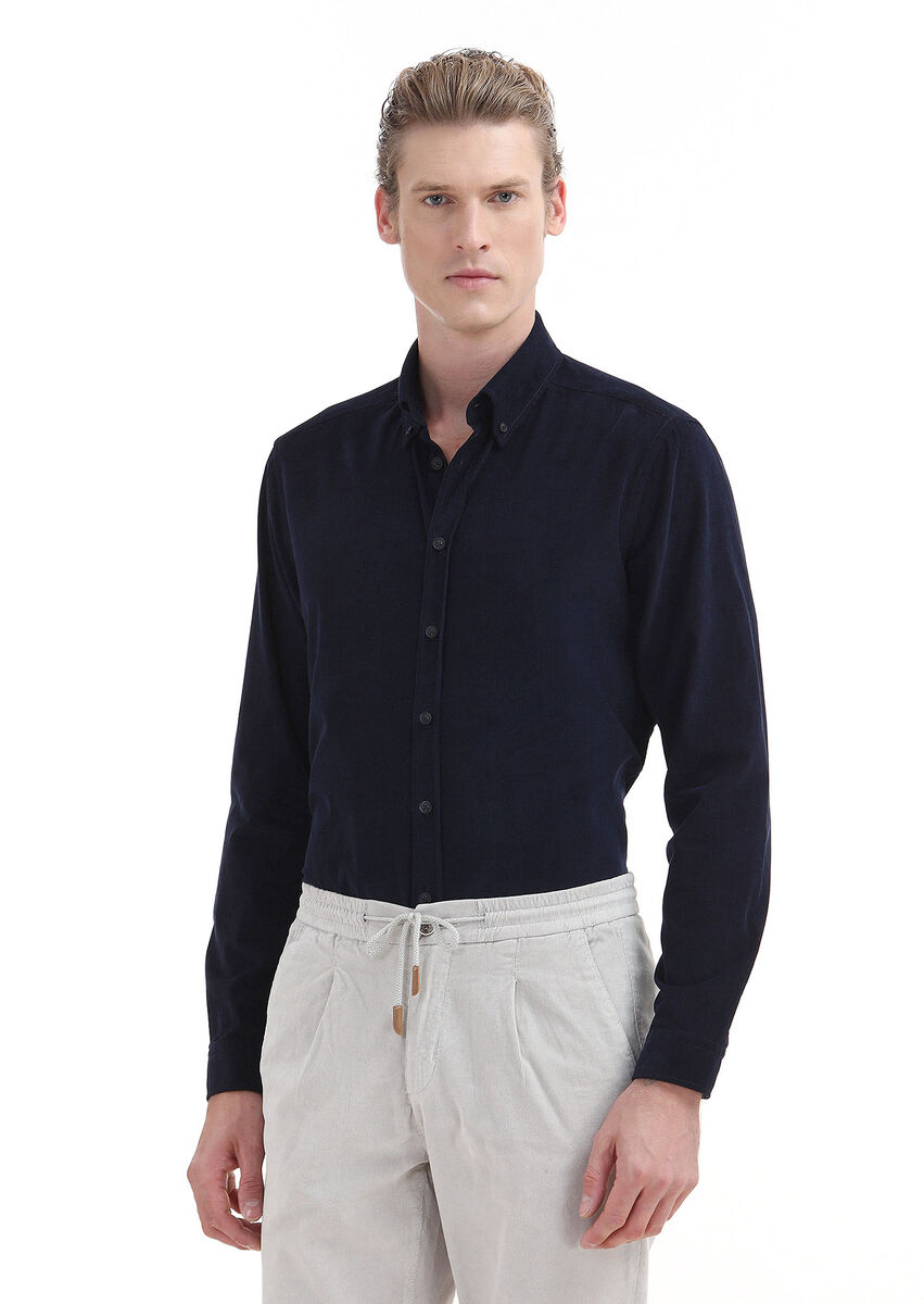 Navy Blue Ribbed Regular Fit Weaving Casual 100% Cotton Shirt - 3