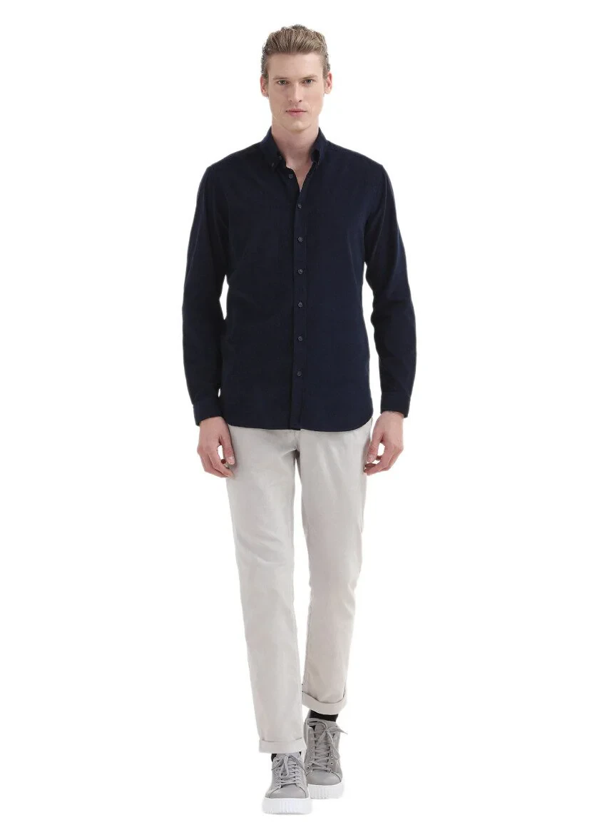 Navy Blue Ribbed Regular Fit Weaving Casual 100% Cotton Shirt 