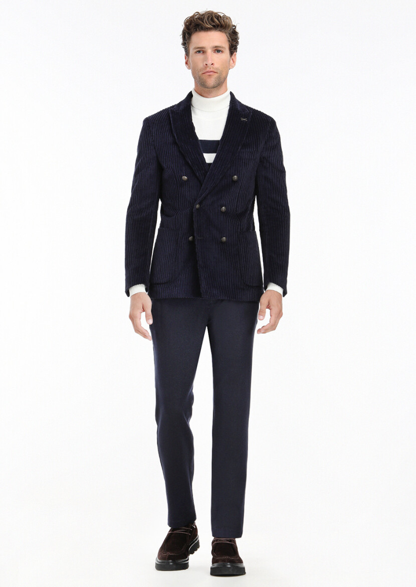 Navy Blue Ribbed Shirt Shoulder Slim Fit 100% Cotton Jacket 