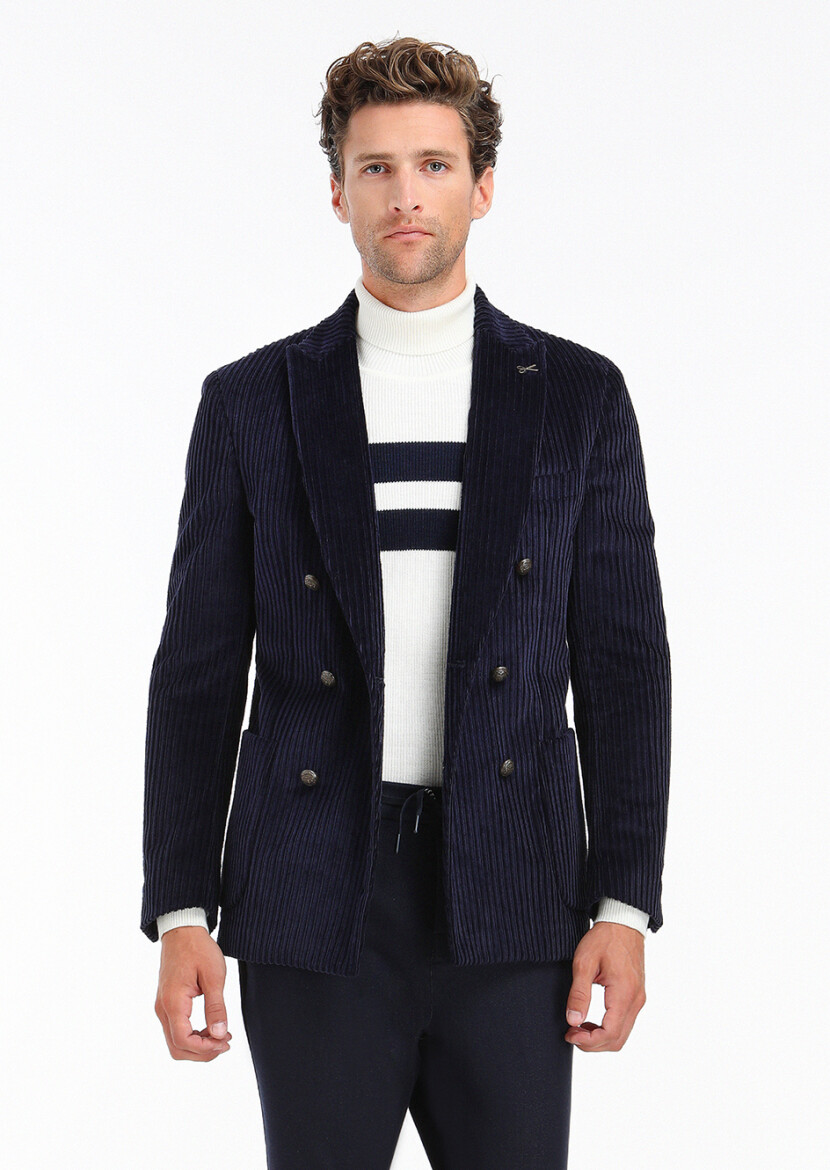 Navy Blue Ribbed Shirt Shoulder Slim Fit 100% Cotton Jacket 
