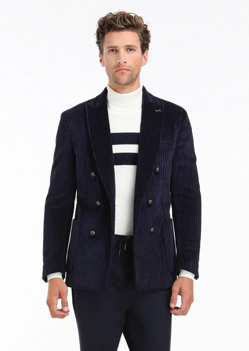 Navy Blue Ribbed Shirt Shoulder Slim Fit 100% Cotton Jacket - 2
