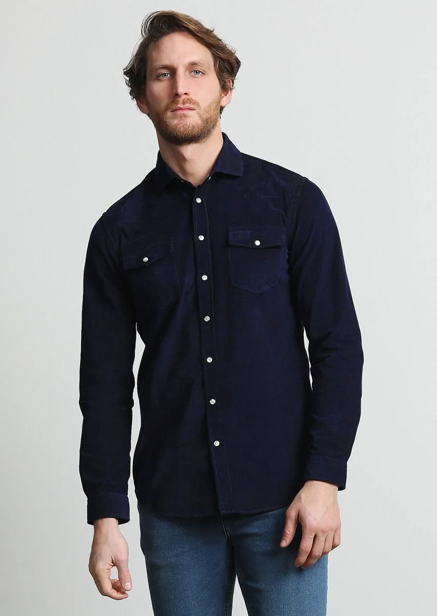 Navy Blue Ribbed Slim Fit Weaving Casual 100% Cotton Shirt - 3