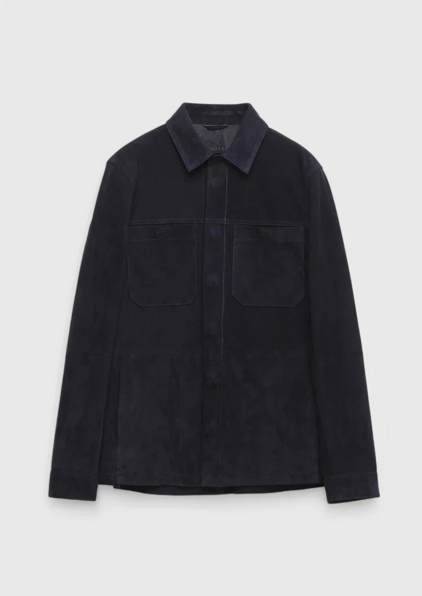 Navy Blue Shirt Collar Casual Leather Coat - 6