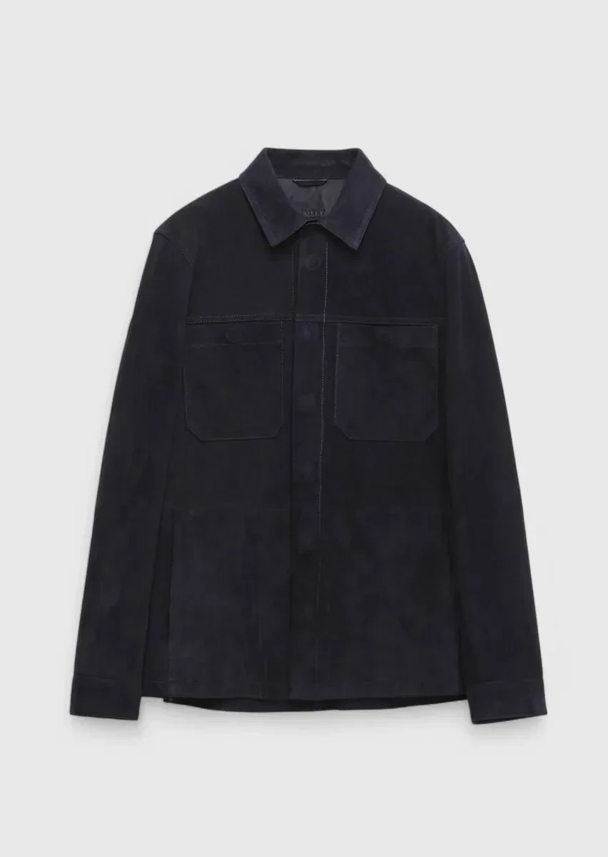 Navy Blue Shirt Collar Casual Leather Coat - 6
