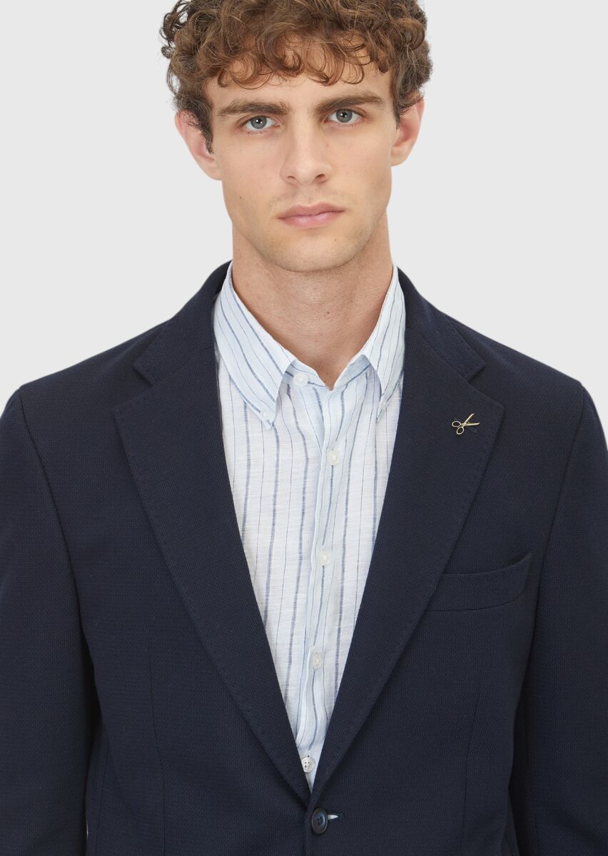 Navy Blue Shirt Shoulder Slim Fit 100% Cotton Jacket - 3