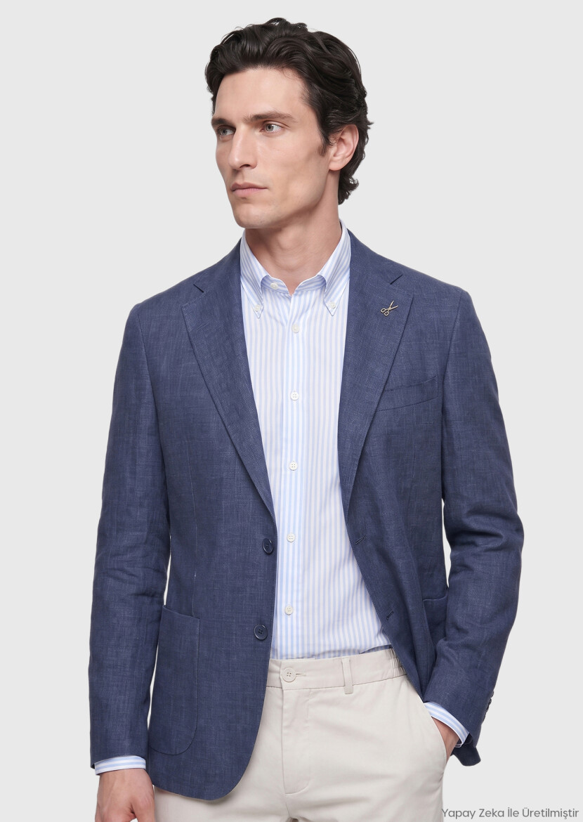 Navy Blue Shirt Shoulder Slim Fit 100% Linen Jacket - RAMSEY