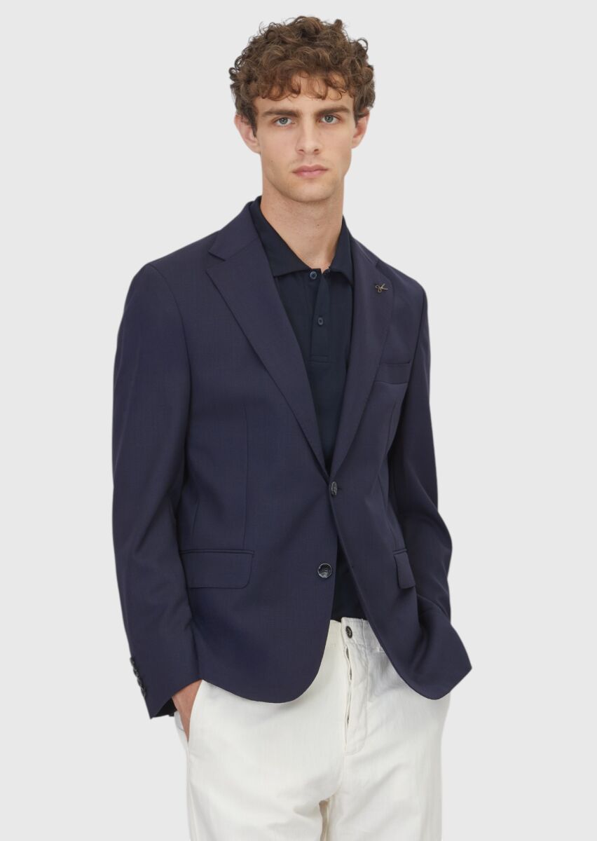 Navy Blue Shirt Shoulder Slim Fit 100% Wool Jacket - 1