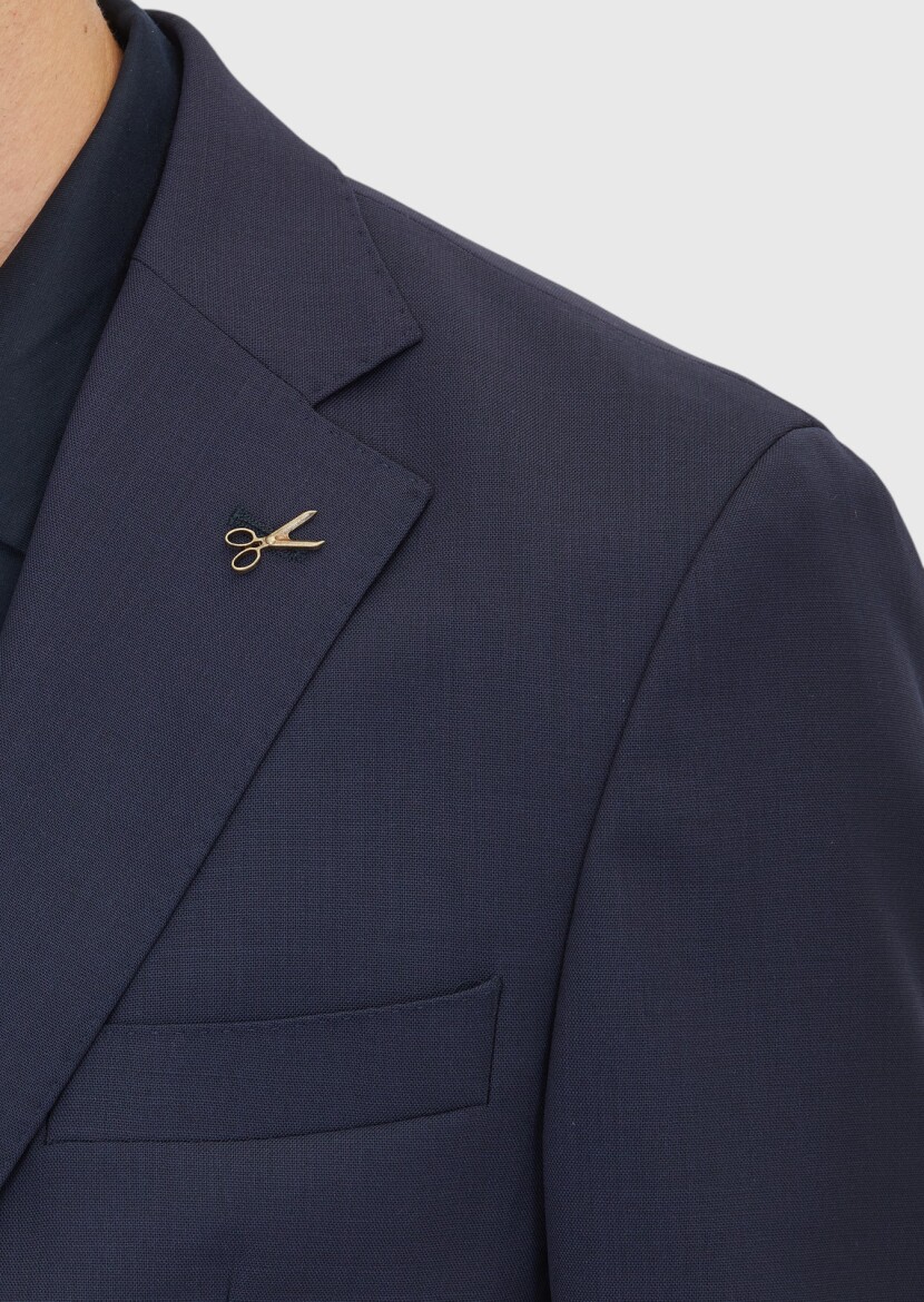 Navy Blue Shirt Shoulder Slim Fit 100% Wool Jacket - 4