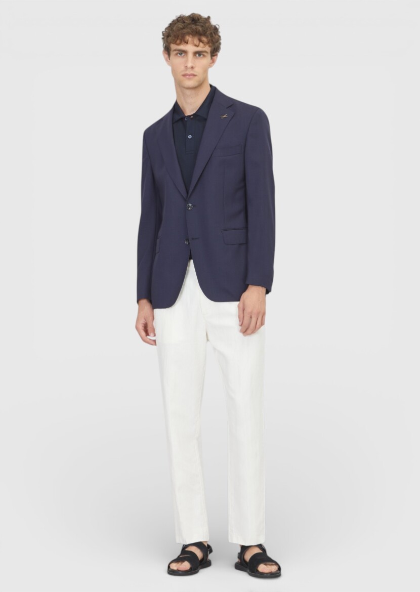 Navy Blue Shirt Shoulder Slim Fit 100% Wool Jacket - RAMSEY