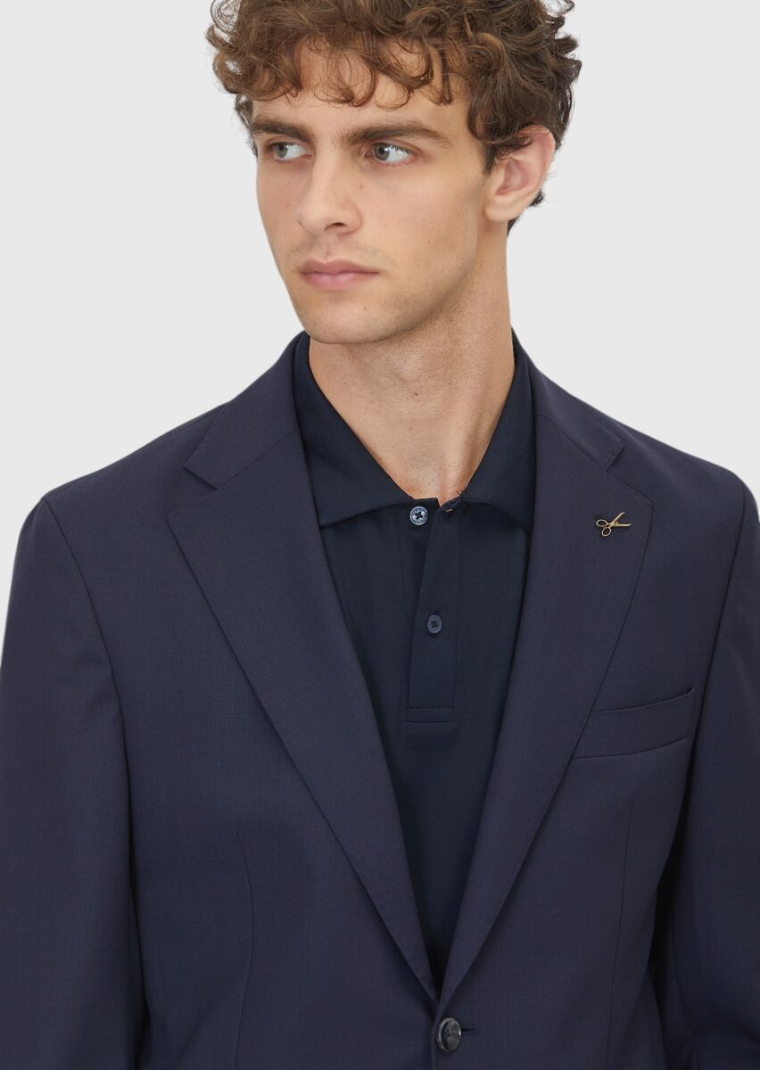 Navy Blue Shirt Shoulder Slim Fit 100% Wool Jacket - 3