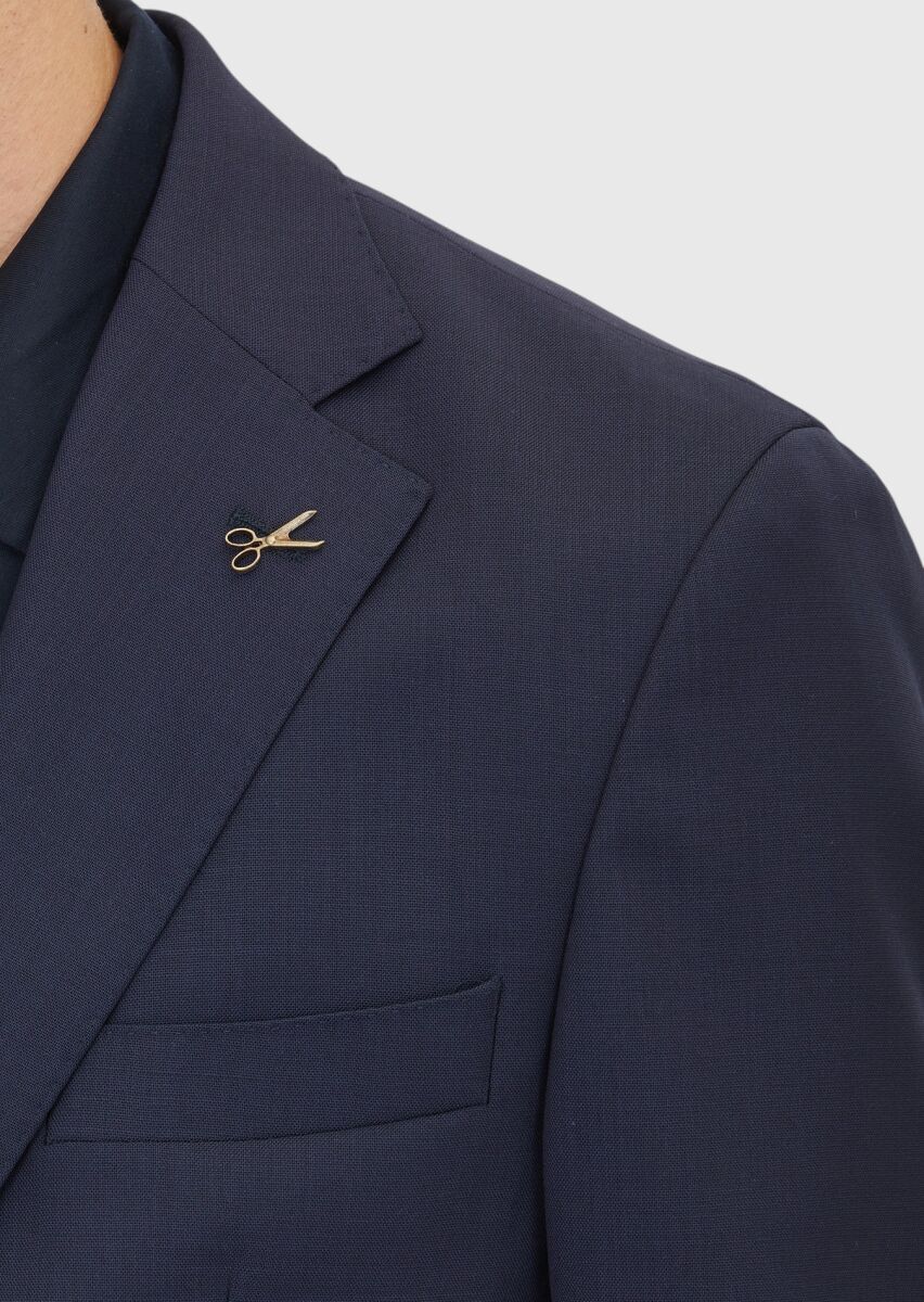 Navy Blue Shirt Shoulder Slim Fit 100% Wool Jacket - 4