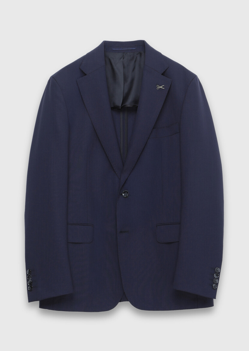 Navy Blue Shirt Shoulder Slim Fit 100% Wool Jacket - 7