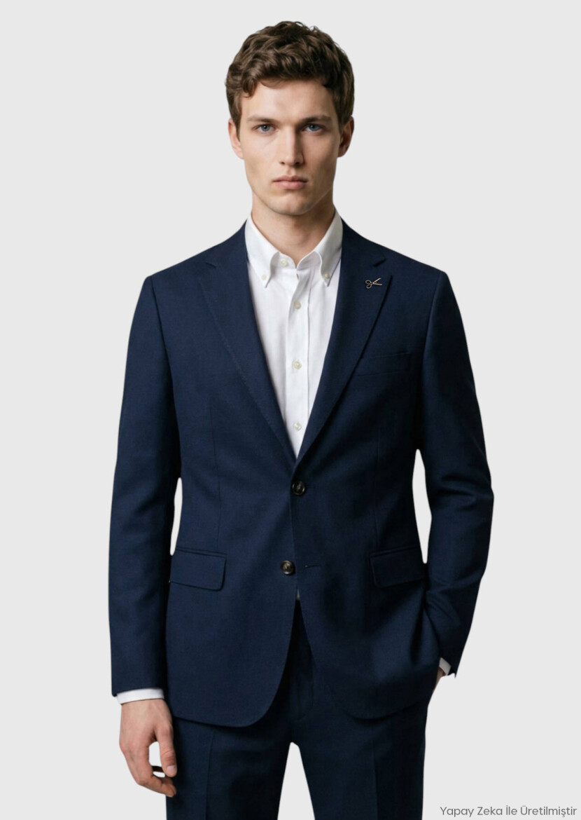 Navy Blue Shirt Shoulder Slim Fit 100% Wool Jacket - RAMSEY