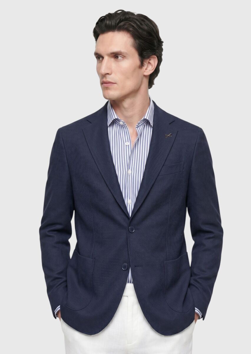 Navy Blue Shirt Shoulder Slim Fit Wool Blended Jacket - 1