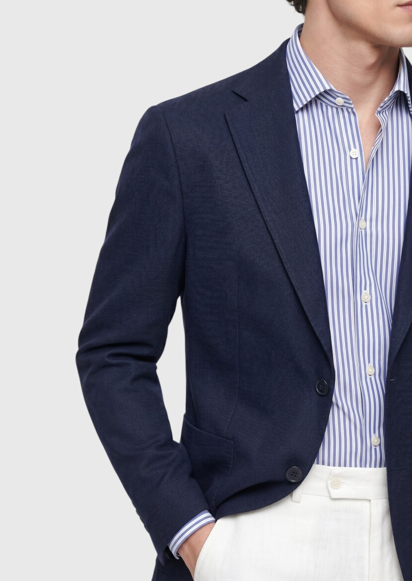 Navy Blue Shirt Shoulder Slim Fit Wool Blended Jacket - 3