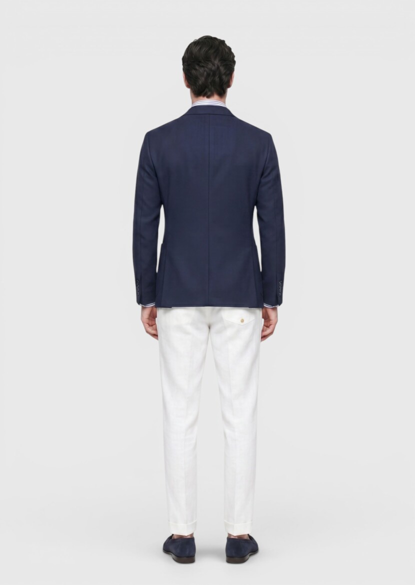 Navy Blue Shirt Shoulder Slim Fit Wool Blended Jacket - 5