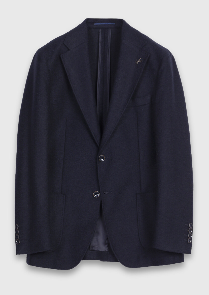 Navy Blue Shirt Shoulder Slim Fit Wool Blended Jacket - 6