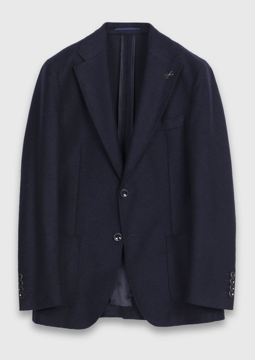 Navy Blue Shirt Shoulder Slim Fit Wool Blended Jacket - 6