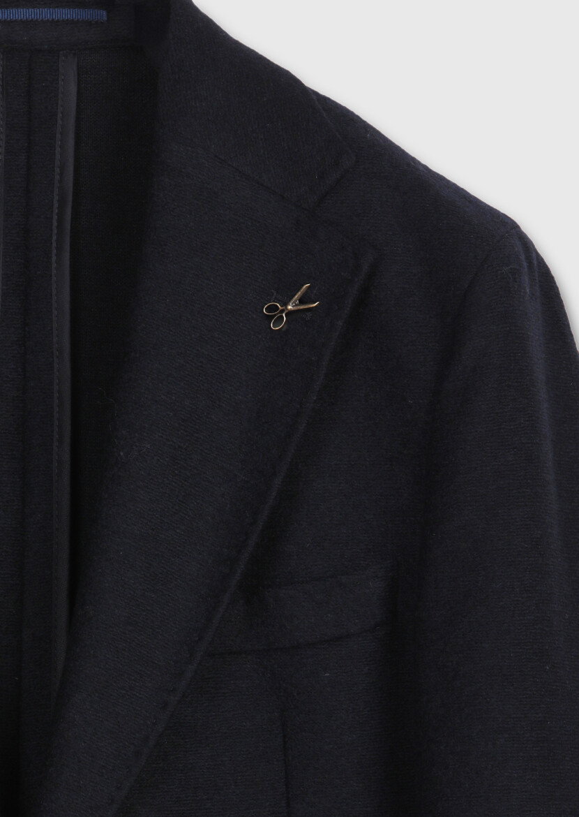 Navy Blue Shirt Shoulder Slim Fit Wool Blended Jacket - 7
